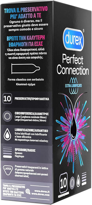 Durex Perfect Connection, caja de 10 preservativos extra lubricados con lubricante de silicona. Condones de grosor elevado y forma clásica, ideales para sexo anal y vaginal. Durex - detalle