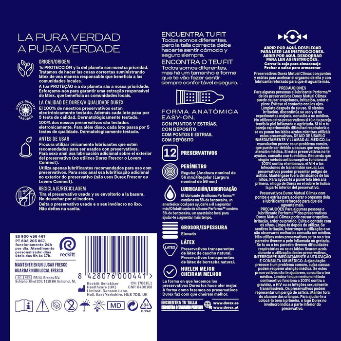 Durex Preservativos Mutual Climax, caja de 12 condones diseñados para la estimulación de ella y el efecto retardante para él. Con puntos, estrías y lubricante Performa con benzocaína. Durex - extra