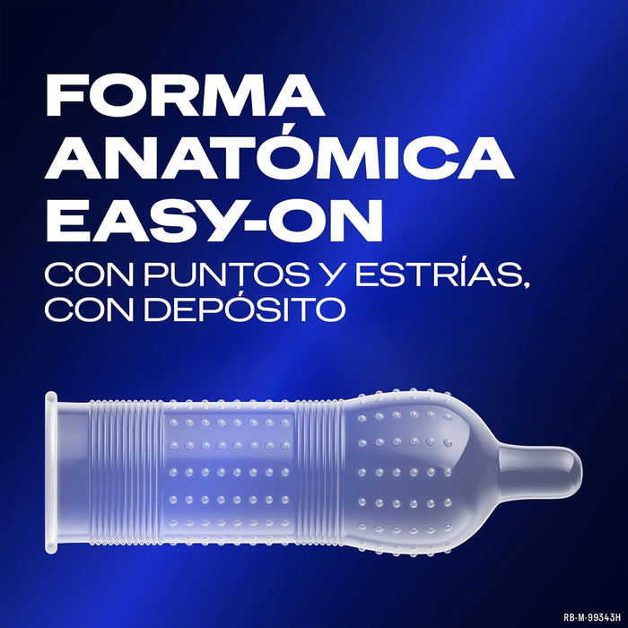 Durex Preservativos Mutual Climax, caja de 12 condones diseñados para la estimulación de ella y el efecto retardante para él. Con puntos, estrías y lubricante Performa con benzocaína. Durex - ingredientes