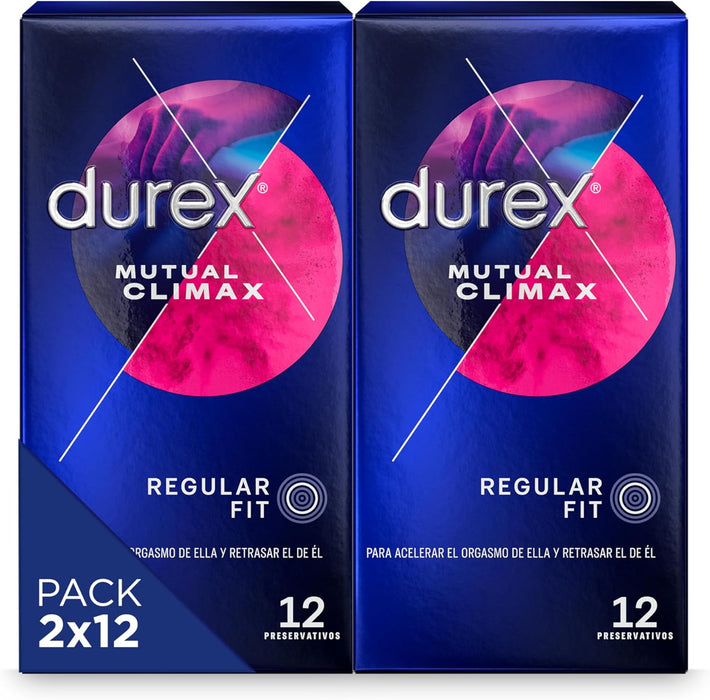 Durex Preservativos Mutual Climax Duplo Pack, 24 condones (2x12). Con puntos, estrías y efecto retardante para sincronizar el orgasmo y disfrutar de un placer más duradero. Durex - frontal