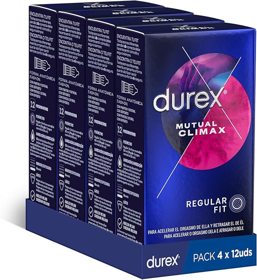 Durex Preservativos Mutual Climax, pack ahorro de 48 condones (4x12). Diseñados con puntos, estrías y lubricante retardante para un clímax simultáneo y una experiencia superior. Durex - frontal