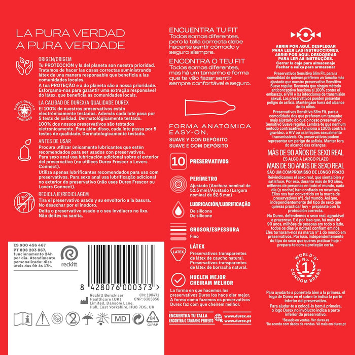 Durex Preservativos Sensitivo Suave Talla Pequeña (Slim Fit), Caja de 10. Condones finos con un ajuste más ceñido para mayor comodidad, seguridad y una sensibilidad superior. Durex - extra