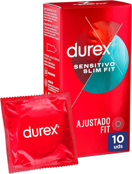 Durex Preservativos Sensitivo Suave Talla Pequeña (Slim Fit), Caja de 10. Condones finos con un ajuste más ceñido para mayor comodidad, seguridad y una sensibilidad superior. Durex - frontal