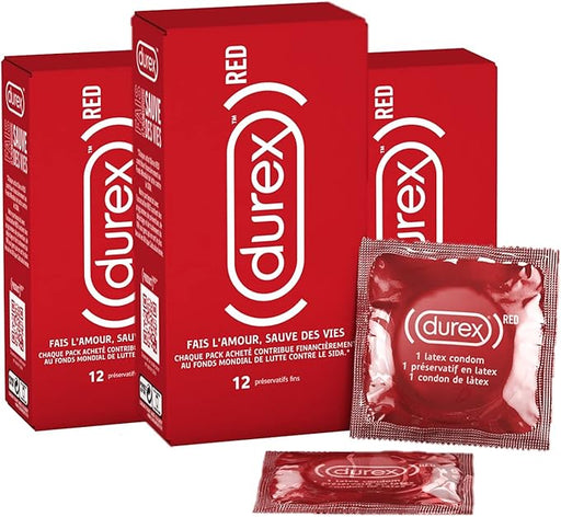 Durex Red Preservativos Finos, Pack de 36 Unidades (3 Cajas de 12). Disfruta de una mayor sensibilidad y sensaciones más intensas con la calidad y seguridad de la marca número 1 del mundo. Durex - frontal
