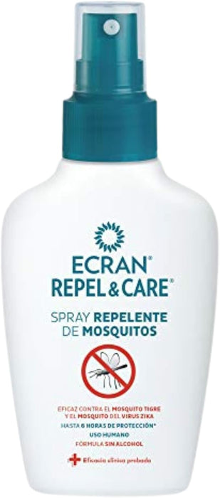 Ecran Repel Care Spray Repelente de Mosquitos, 100ml. Fórmula sin alcohol que protege a toda la familia de las picaduras hasta 6 horas. Eficaz contra el mosquito tigre y la mosca negra. Ecran - frontal