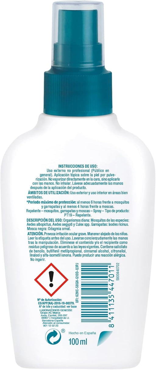Ecran Repel Care Spray Repelente de Mosquitos, 100ml. Fórmula sin alcohol que protege a toda la familia de las picaduras hasta 6 horas. Eficaz contra el mosquito tigre y la mosca negra. Ecran - pack