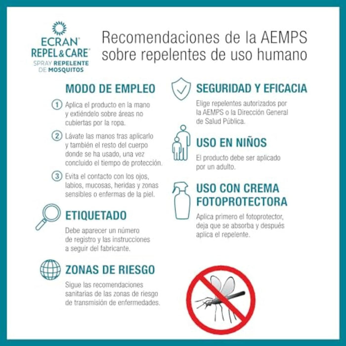 Ecran Repel Care Spray Repelente de Mosquitos, 100ml. Fórmula sin alcohol que protege a toda la familia de las picaduras hasta 6 horas. Eficaz contra el mosquito tigre y la mosca negra. Ecran - ingredientes
