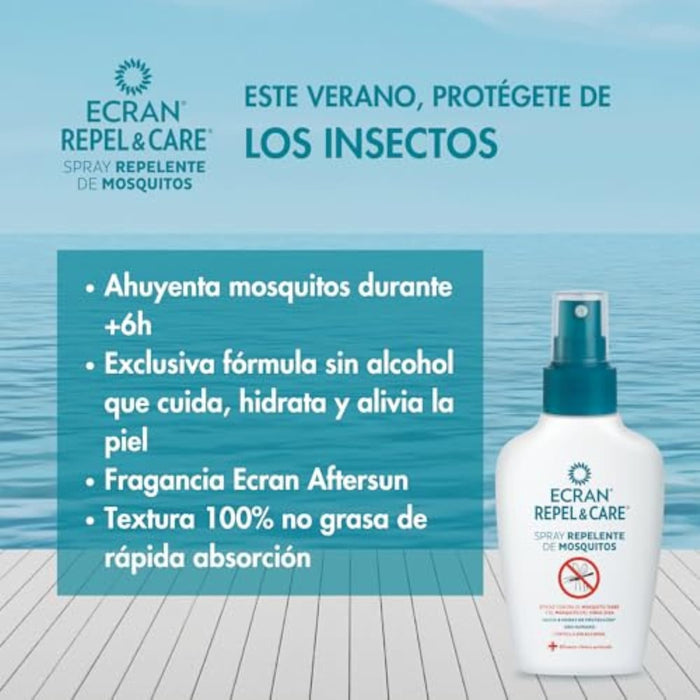 Ecran Repel Care Spray Repelente de Mosquitos, 100ml. Fórmula sin alcohol que protege a toda la familia de las picaduras hasta 6 horas. Eficaz contra el mosquito tigre y la mosca negra. Ecran - detalle