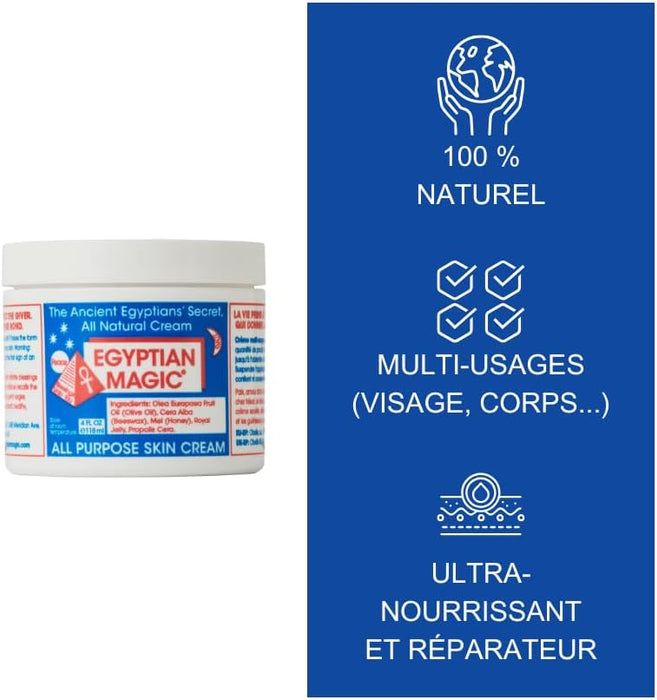 Egyptian Magic Crema Multiusos para la Piel, 118 ml. Bálsamo reparador 100% natural con aceite de oliva, miel y cera de abeja para rostro, cuerpo y cabello. Un solo producto, infinitos usos. Egyptian Magic - uso