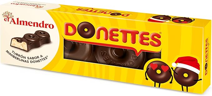 El Almendro Turrón de Donettes, 150g. El dulce navideño más innovador con un irresistible sabor a chocolate praliné y crujientes trocitos de bizcocho Donettes. El Almendro - frontal