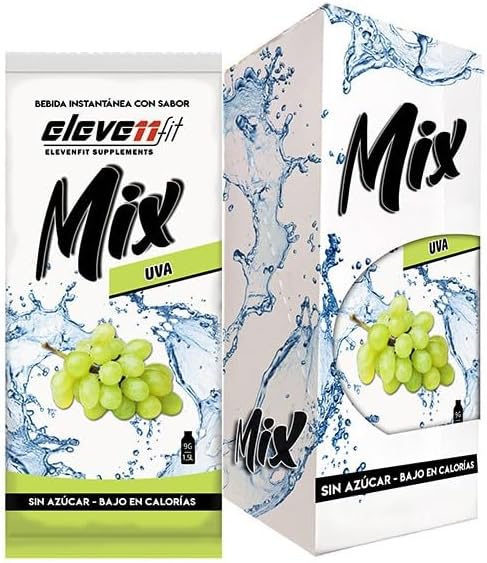 Caja con 12 sobres de bebida instantánea Mix de ElevenFit, sabor Uva Blanca. Una alternativa sin azúcar, ligera y refrescante para una hidratación con un toque elegante. Elevenfit - frontal