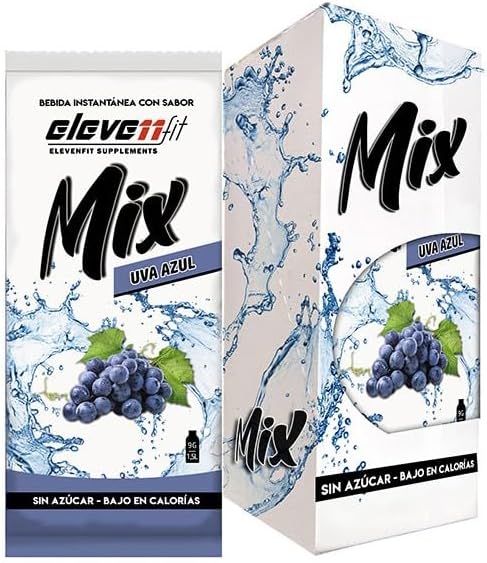 Caja de 12 sobres de bebida Mix sabor Uva Azul de ElevenFit. Una opción deliciosa y sin azúcar para disfrutar de una hidratación intensa y llena de sabor a fruta. Elevenfit - frontal