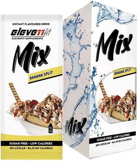 Caja de 12 sobres de Mix sabor Banana Split de ElevenFit. Disfruta del clásico postre sin azúcar en una bebida versátil, deliciosa y perfecta para tu dieta. Elevenfit - frontal