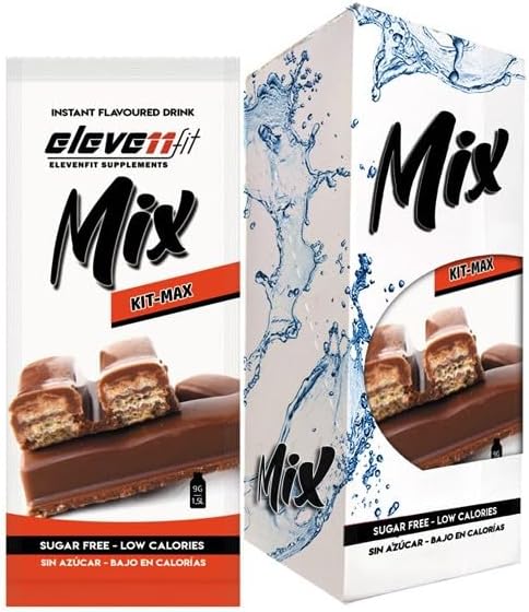 Caja de 12 sobres de Mix sabor Kitmax de ElevenFit. El sabor a barquillo crujiente con chocolate sin azúcar, para que disfrutes de tu break de la forma más saludable. Elevenfit - frontal