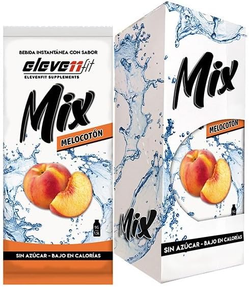 Eleven Fit Mix Bebida en polvo sabor Melocotón, Caja con 12 sobres sin azúcar. La mezcla instantánea perfecta para preparar una bebida refrescante, baja en calorías y con sabor a fruta. Elevenfit - detalle