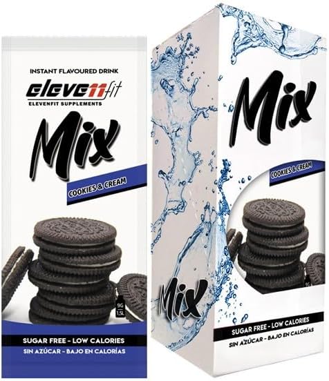 Eleven Fit Mix Bebida Instantánea Sabor Cookies & Cream, Caja de 12 Sobres. Disfruta de tu helado favorito en una bebida sin azúcar, ideal para batidos cremosos y postres saludables. Elevenfit - frontal