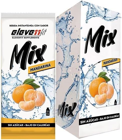 Eleven Fit Mix Bebida Instantánea sabor Mandarina, Caja de 12 sobres sin azúcar. Formato en polvo bajo en calorías, perfecto para dar sabor al agua y disfrutar de una bebida saludable. Elevenfit - frontal