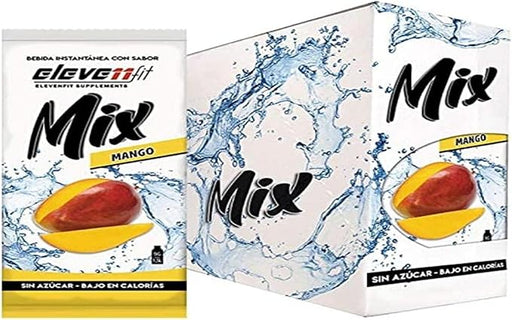 Eleven Fit Mix Bebida Instantánea Sabor Mango, Caja de 24 Sobres. Disfruta de una bebida tropical sin azúcar, baja en calorías y con un delicioso sabor, ideal para hidratarte y para tus postres. Elevenfit - frontal
