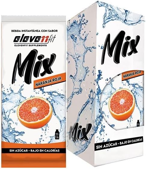 Eleven Fit Mix Bebida Instantánea Sabor Naranja Roja, Caja de 12 Sobres. Refresco en polvo sin azúcar y bajo en calorías para preparar 18 litros de una bebida cítrica y deliciosa. Elevenfit - frontal
