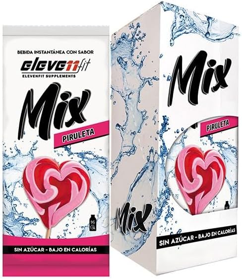 Eleven Fit Mix Bebida Instantánea Sabor Piruleta, Caja de 12 Sobres. Vuelve a la infancia con el sabor de tu golosina favorita, ahora en una bebida sin azúcar, saludable y para todos. Elevenfit - frontal