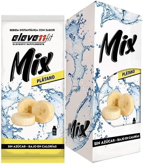Eleven Fit Mix Bebida Instantánea Sabor Plátano, Caja de 12 Sobres. Prepara deliciosos batidos y postres con un cremoso sabor a plátano, sin azúcar y con muy pocas calorías. Elevenfit - frontal