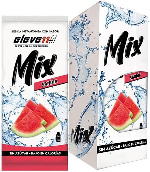 Eleven Fit Mix Bebida Instantánea Sabor Sandía, Caja de 12 Sobres. Tu compañero ideal para la playa o la piscina. Disfruta del sabor más veraniego sin azúcar y sin complicaciones. Elevenfit - frontal
