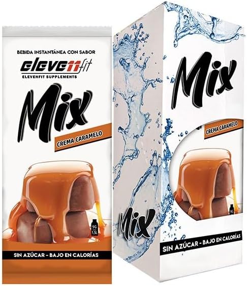 Eleven Fit Mix Bebida Sabor Crema de Caramelo, Caja de 12 Sobres. El sirope perfecto sin azúcar para tus cafés, postres y batidos. Disfruta de un toque dulce y cremoso sin calorías. Elevenfit - frontal