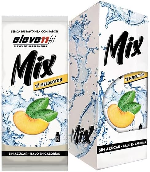 Eleven Fit Mix Sabor Té con Melocotón, Caja de 12 Sobres. La bebida perfecta para llevar, sin azúcar y con un sabor delicioso para mantenerte hidratado y refrescado en la oficina o el gimnasio. Elevenfit - frontal