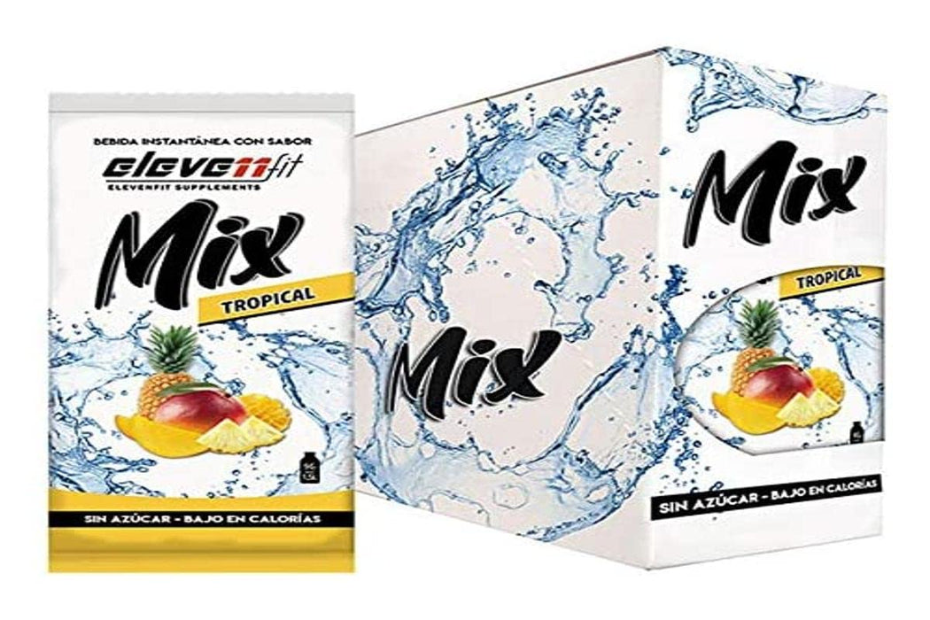 ElevenFit Mix Bebida Instantánea en Polvo Sabor Tropical, Caja con 24 sobres sin azúcar. La mezcla perfecta para una hidratación exótica, sin calorías y llena de sabor a frutas. Elevenfit - frontal