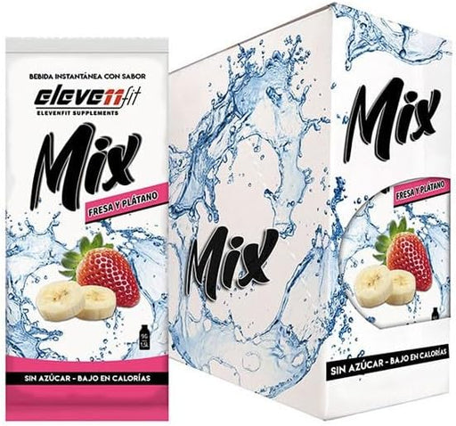 ElevenFit Mix Bebida Instantánea sabor Fresa y Plátano, Caja de 24 sobres sin azúcar. Preparado en polvo bajo en calorías y carbohidratos, ideal para dietas y una hidratación saludable. Elevenfit - frontal
