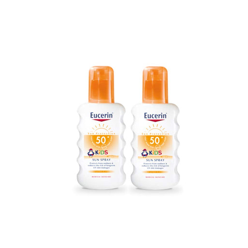 Eucerin Duplo Sun Spray Infantil SPF 50+, pack de 2x200 ml. Protector solar para niños con alta protección UVA/UVB, fórmula calmante y tecnología anti-manchas en la ropa. Eucerin - frontal