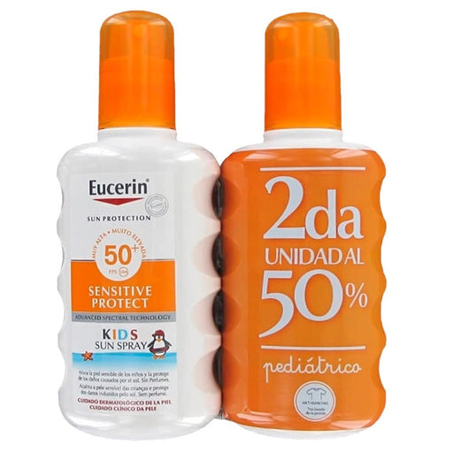 Eucerin Duplo Sun Spray Infantil SPF 50+, pack de 2x200 ml. Protector solar para niños con alta protección UVA/UVB, fórmula calmante y tecnología anti-manchas en la ropa. Eucerin - pack