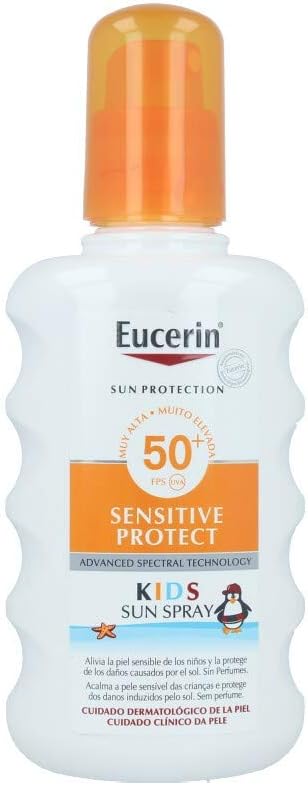 Eucerin Kids Sun Spray Solar Infantil con FPS 50+, 200 ml. Protector solar de muy alta protección para la piel sensible de los niños, con tecnología anti-manchas en la ropa. Eucerin - pack