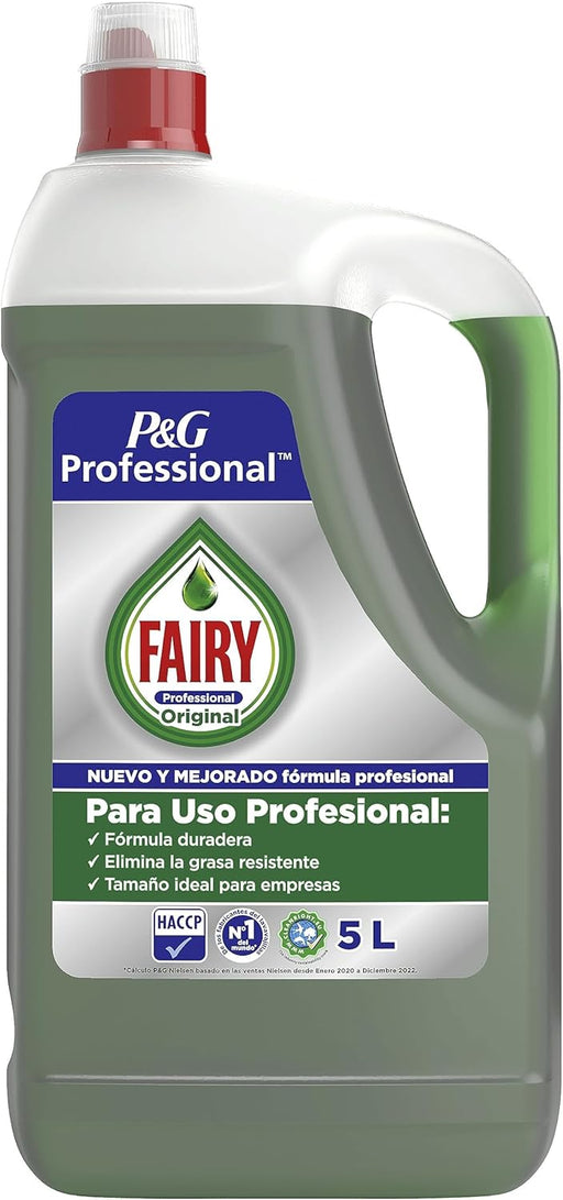 Lavavajillas líquido Fairy Professional en garrafa de 5 Litros. Fórmula concentrada con un poder antigrasa superior, ideal para cocinas profesionales y hostelería. Fairy - frontal