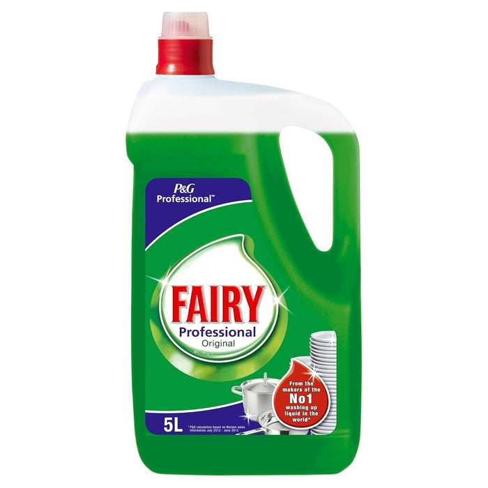Lavavajillas líquido Fairy Professional en garrafa de 5 Litros. Fórmula concentrada con un poder antigrasa superior, ideal para cocinas profesionales y hostelería. Fairy - lateral