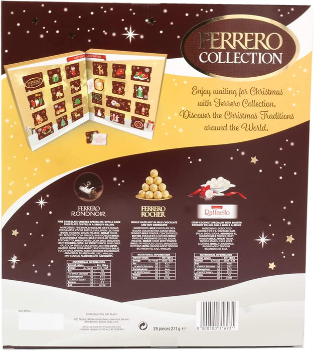 Calendario de Adviento Ferrero Collection con 25 bombones (271g). Una selección festiva de Ferrero Rocher, Raffaello y Rondnoir para regalar y disfrutar esta Navidad. Ferrero Rocher - uso