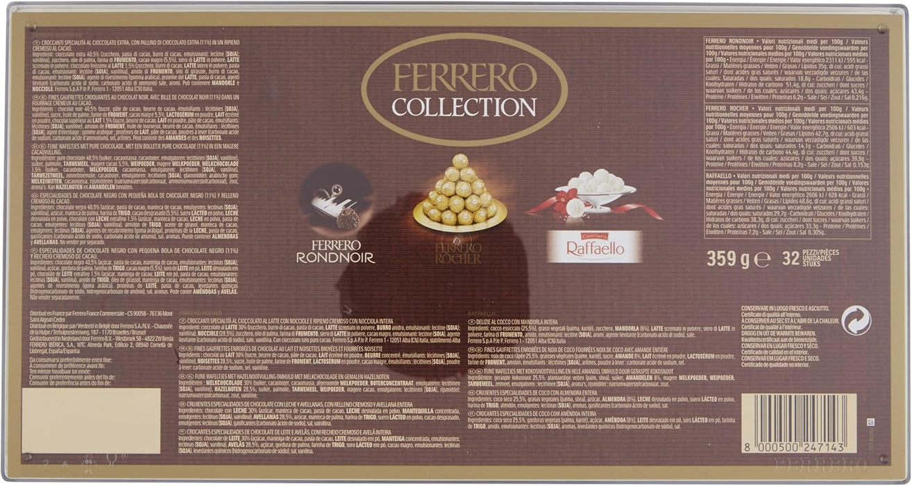 Ferrero Collection, caja de 32 bombones surtidos, 349 g. Disfruta de la experiencia única de Ferrero Rocher, Raffaello y Rondnoir, una selección perfecta para compartir y regalar. Ferrero Rocher - uso