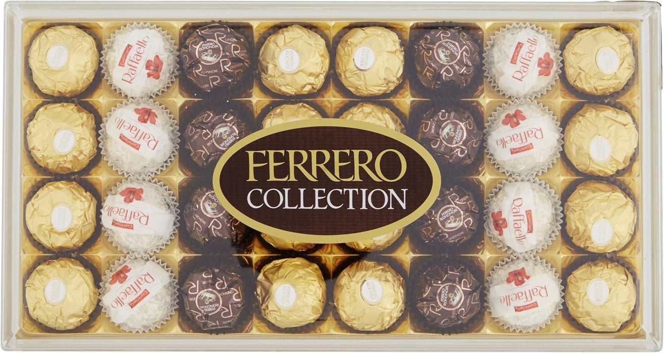 Ferrero Collection, caja de 32 bombones surtidos, 349 g. Disfruta de la experiencia única de Ferrero Rocher, Raffaello y Rondnoir, una selección perfecta para compartir y regalar. Ferrero Rocher - pack
