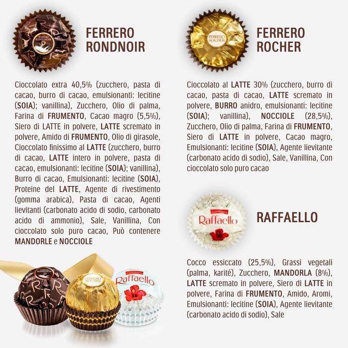 Ferrero Collection, Surtido de 48 Bombones Premium (518g). Descubre una selección irresistible con el clásico Ferrero Rocher, el exótico Raffaello y el intenso Rondnoir. Ferrero Rocher - extra