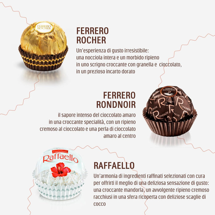 Ferrero Collection, Surtido de 48 Bombones Premium (518g). Descubre una selección irresistible con el clásico Ferrero Rocher, el exótico Raffaello y el intenso Rondnoir. Ferrero Rocher - lateral