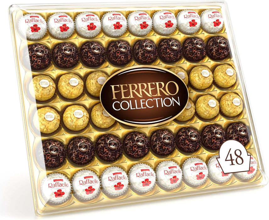 Ferrero Collection, Surtido de 48 Bombones Premium (518g). Descubre una selección irresistible con el clásico Ferrero Rocher, el exótico Raffaello y el intenso Rondnoir. Ferrero Rocher - pack
