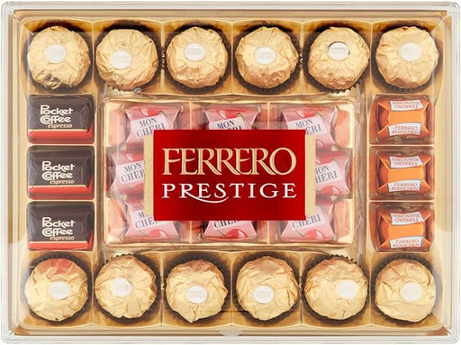 Ferrero Prestige, Caja Surtida de 4 Variedades de Bombones, 319g. Un regalo ideal para compartir, con Ferrero Rocher, Mon Chéri, Pocket Coffee y Ferrero Küsschen. Ferrero Rocher - frontal