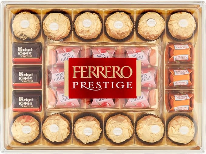 Ferrero Prestige, Caja Surtida de 4 Variedades de Bombones, 319g. Un regalo ideal para compartir, con Ferrero Rocher, Mon Chéri, Pocket Coffee y Ferrero Küsschen. Ferrero Rocher - frontal