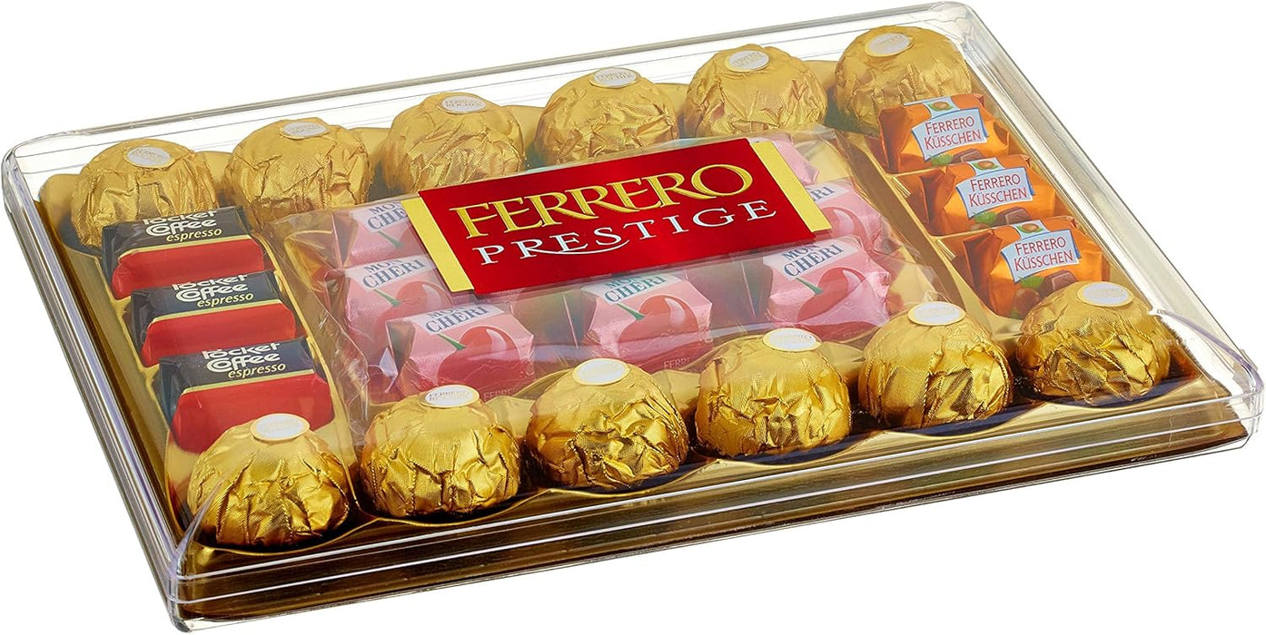 Ferrero Prestige, Caja Surtida de 4 Variedades de Bombones, 319g. Un regalo ideal para compartir, con Ferrero Rocher, Mon Chéri, Pocket Coffee y Ferrero Küsschen. Ferrero Rocher - presentacion