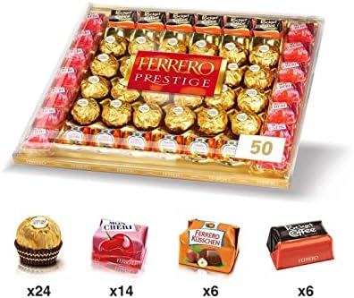Ferrero Prestige, Caja Surtida de 50 Bombones, 575g. Un regalo de lujo con una selección de las mejores especialidades de Ferrero, ideal para compartir en eventos y celebraciones. Ferrero Rocher - detalle