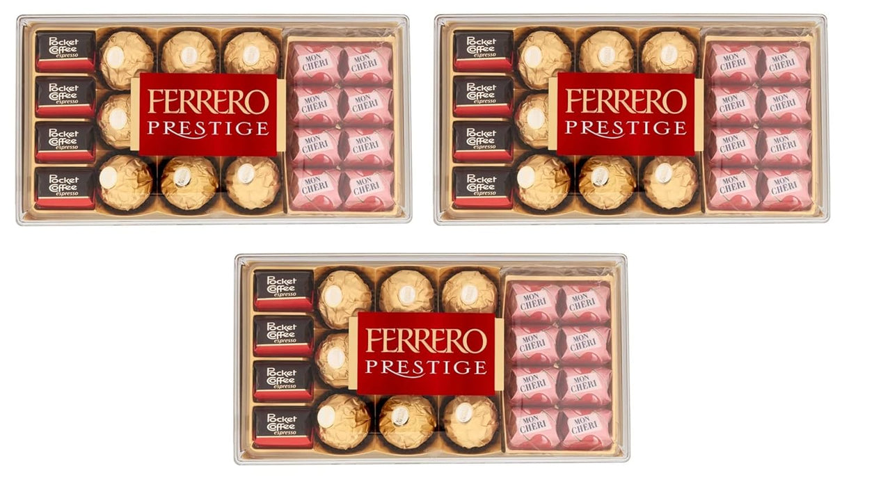 Ferrero Prestige, Surtido de 21 Bombones, 246g. Caja de regalo con las especialidades Ferrero Rocher, Mon Chéri con cereza y licor, y Pocket Coffee con café líquido 100% arábica. Ferrero Rocher - frontal