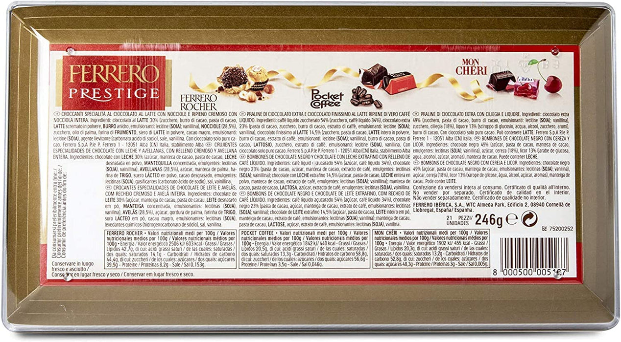 Ferrero Prestige, Surtido de 21 Bombones, 246g. Caja de regalo con las especialidades Ferrero Rocher, Mon Chéri con cereza y licor, y Pocket Coffee con café líquido 100% arábica. Ferrero Rocher - pack