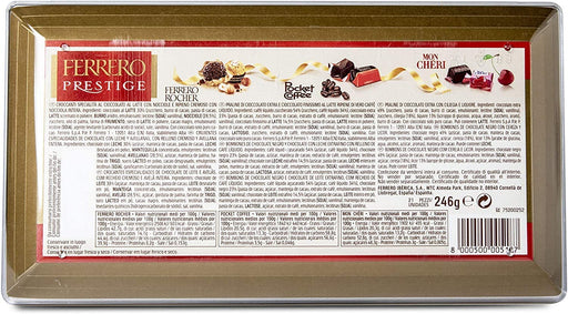Ferrero Prestige, Surtido de 21 Bombones, 246g. Caja de regalo con las especialidades Ferrero Rocher, Mon Chéri con cereza y licor, y Pocket Coffee con café líquido 100% arábica. Ferrero Rocher - pack