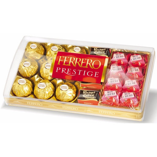 Ferrero Prestige, Surtido de 21 Bombones (246g). Una selección de lujo con los sabores más icónicos de Ferrero: Rocher, Mon Chéri, Pocket Coffee y Küsschen. El regalo perfecto para sorprender. Ferrero Rocher - frontal