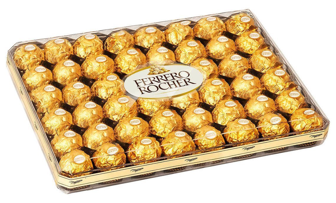 Ferrero Rocher, Bandeja Plana de 48 Bombones de Chocolate y Avellana. El formato perfecto para fiestas, eventos y catering, con una presentación ideal para servir y compartir. Ferrero Rocher - frontal